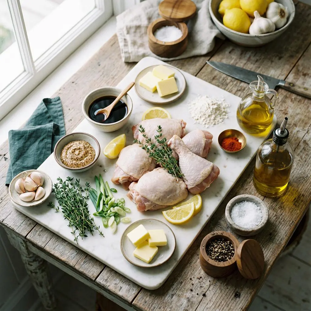 Ingredients arranged: raw bone-in chicken pieces, fresh bright lemons, soy sauce, Dijon mustard, fresh thyme, green onions, garlic, butter slices, flour, paprika, olive oil, salt, and pepper around a marble prep board.
