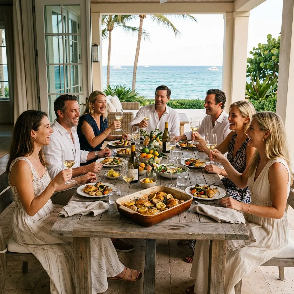 8 guests gathered around the table laughing, eating, and drinking Chardonnay in a Palm Beach Estate dining patio with ocean views. A massive, beautiful baking dish of golden Lemon Chicken anchors the center of the joyful, relaxed gathering.