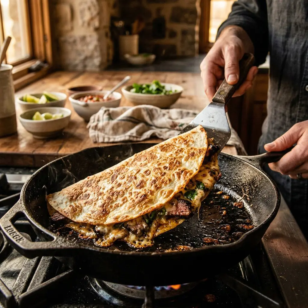 A large, heavy metal spatula carefully flipping a large, golden-brown crispy flour tortilla quesadilla in a hot cast-iron skillet, with bubbling, melted cheese and steak slices visible at the edges.