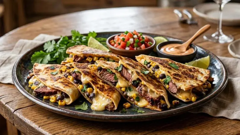Stunning plated serving of Flank Steak, Black Bean, and Toasted Corn Quesadillas, a chef-tested recipe by Chef Jorj Morgan.