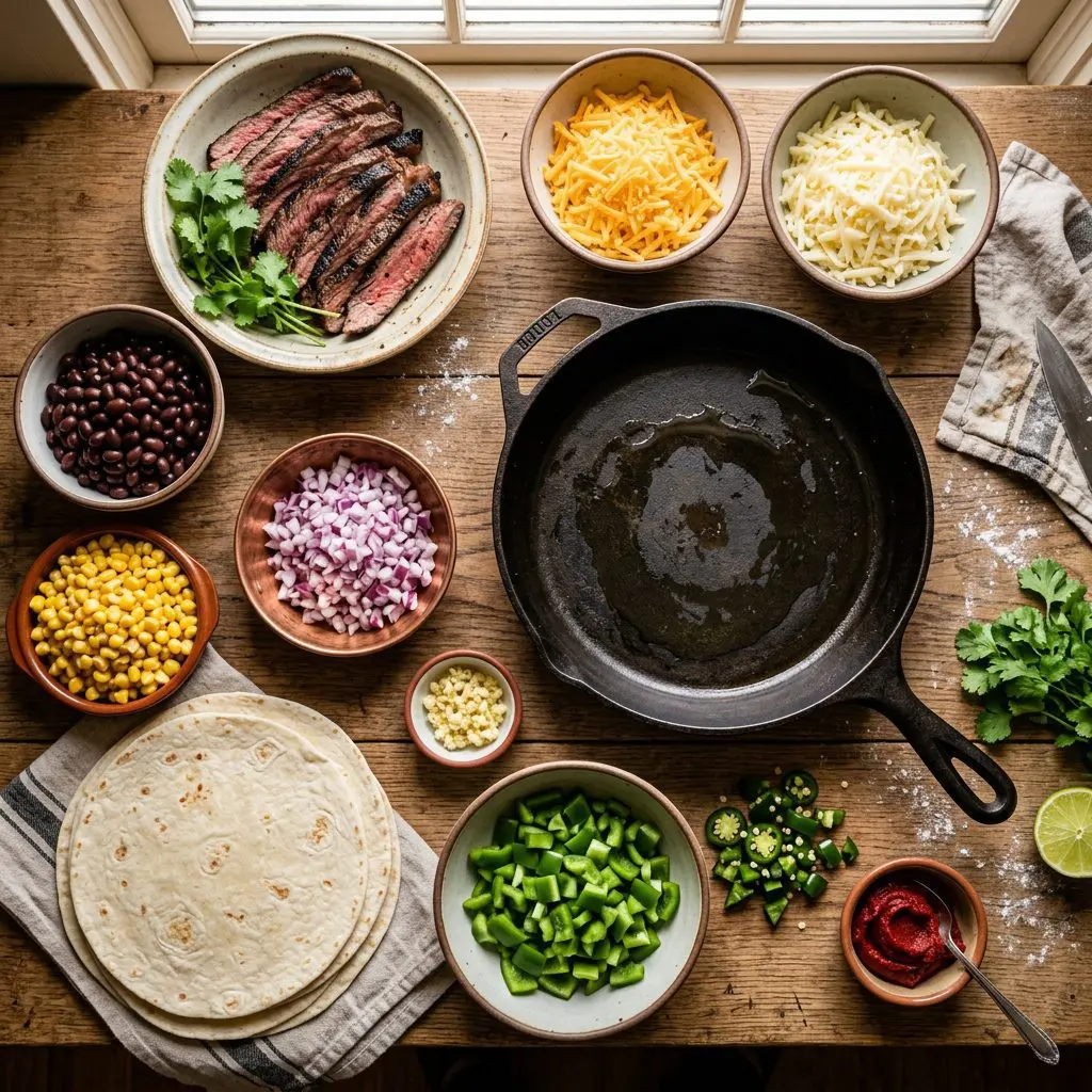 Raw ingredients for steak quesadillas arranged: thinly sliced cooked flank steak, a bowl of black beans, sweet corn kernels, a diced red onion, minced garlic, chopped green bell pepper, diced jalapeño peppers, tomato paste, large flour tortillas, and bowls of grated sharp cheddar and Monterey Jack cheeses, arranged around a large cast-iron skillet.