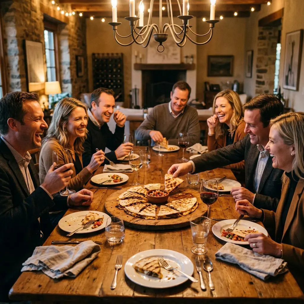 8 guests gathered around the table laughing, eating, and drinking wine, with a large rustic platter of sliced Steak Quesadillas in the center as the anchor.