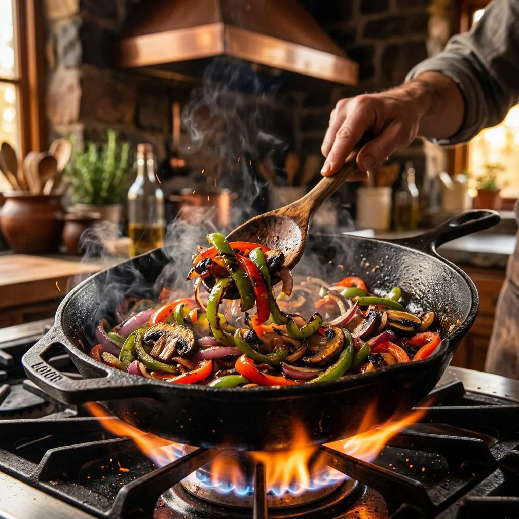 A large cast-iron skillet fiercely sizzling and steaming, packed with blistered red and green bell peppers, red onions, and sliced portobello mushrooms, being tossed rapidly with a wooden spoon over a hot flame.