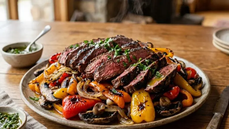Stunning plated serving of Flank Steak Fajitas with Sautéed Veggies, a chef-tested recipe by Chef Jorj Morgan.