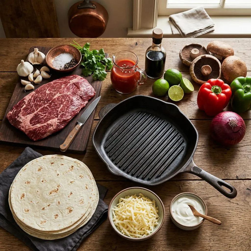 Raw ingredients for steak fajitas arranged: a large raw flank steak, a small glass pitcher of tomato juice, balsamic vinegar, fresh limes, whole garlic cloves, portobello mushrooms, a red bell pepper, a green bell pepper, a red onion, a jalapeño pepper, a bowl of sour cream, fresh cilantro sprigs, large flour tortillas, and a bowl of grated Monterey Jack cheese, arranged around a dark cast-iron grill pan.