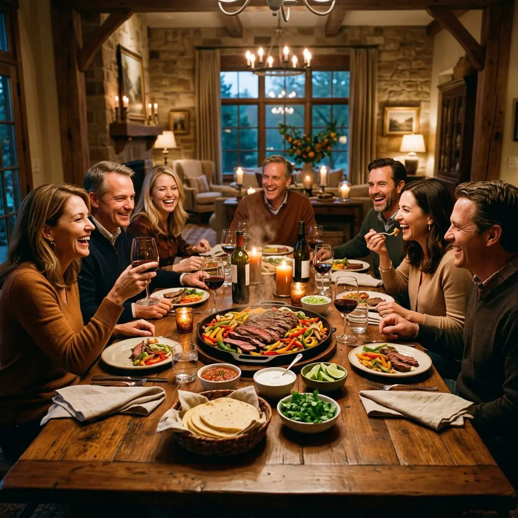 8 guests gathered around the table laughing, eating, and drinking wine, with a large rustic platter of sizzling Flank Steak Fajitas with sautéed veggies in the center as the anchor.