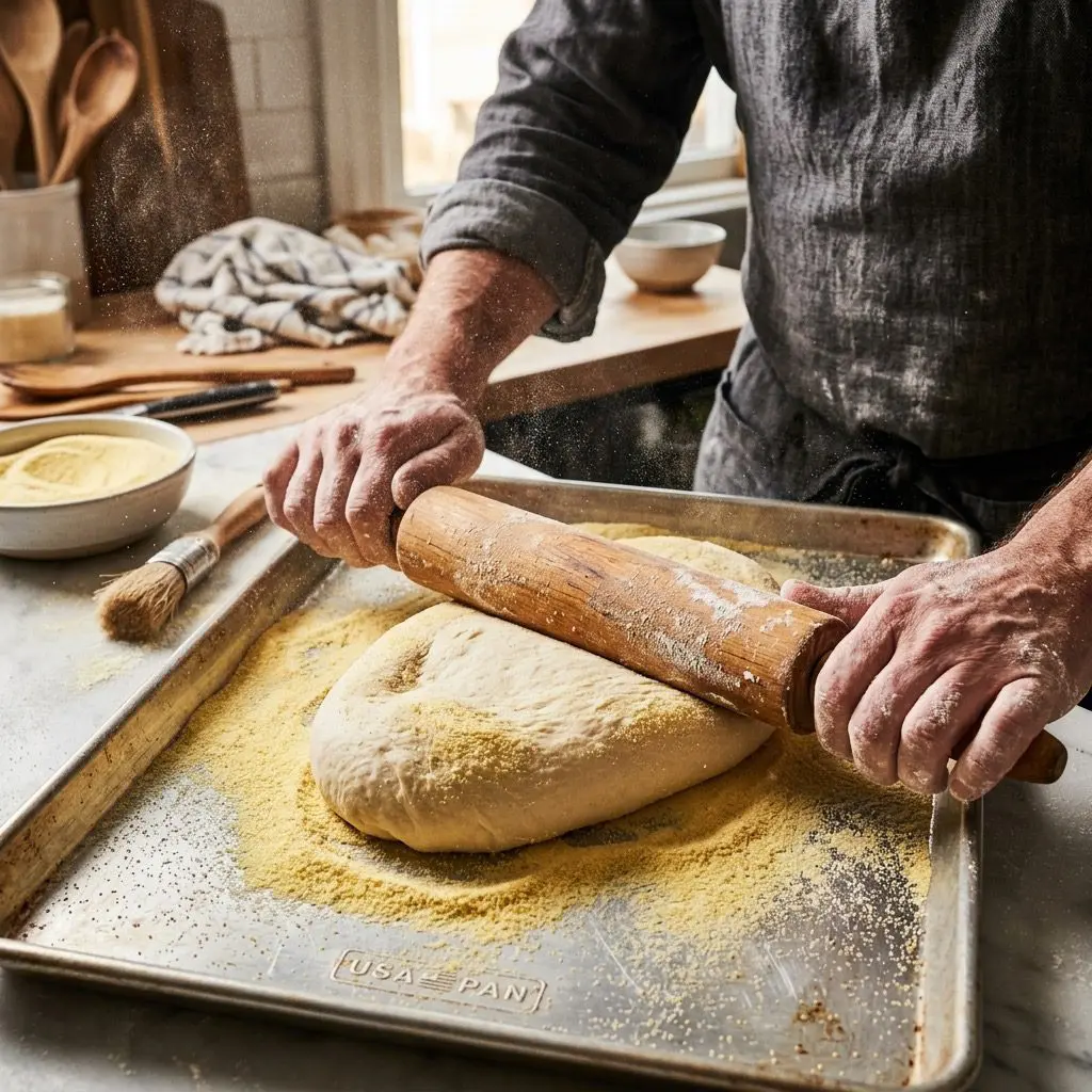 A cook's hands using a heavy wooden rolling pin to roll out soft, pliable yeast dough into beautiful, elongated ovals on a baking sheet lightly dusted with golden semolina flour, with fork pricks decorating the smooth surface.