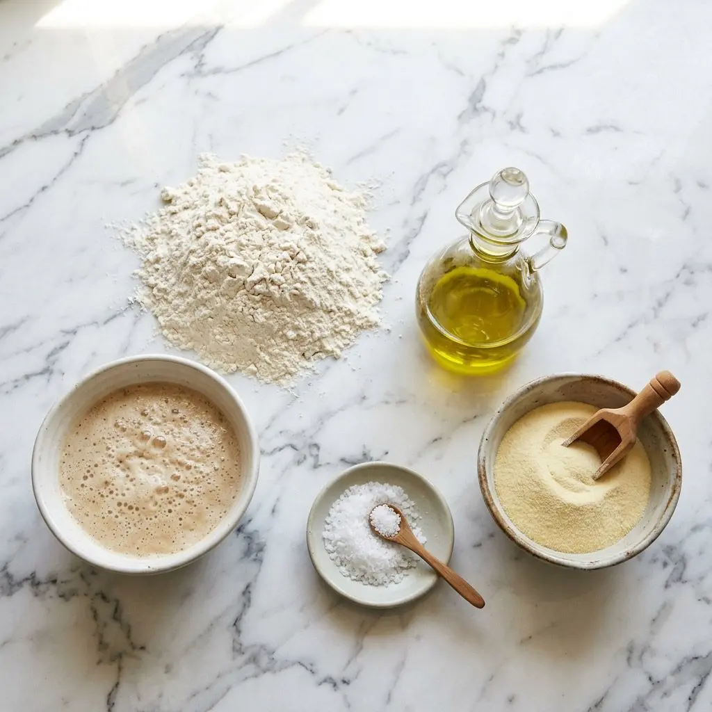 Ingredients arranged: a perfect mound of unbleached all-purpose flour, a small bowl of active dry yeast foaming and bubbling in warm water, a vibrant green glass cruet filled with olive oil, and a wooden scoop of golden semolina flour on a white marble countertop.