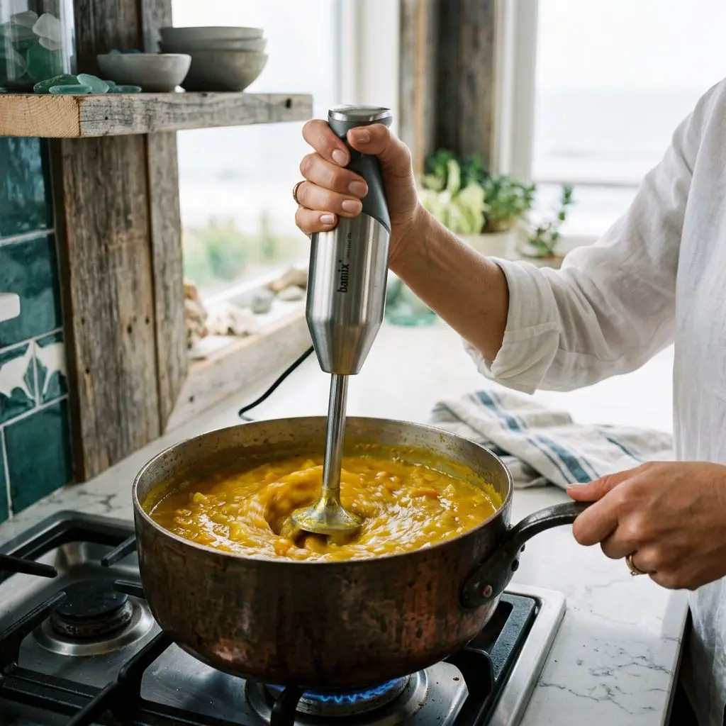 A cook's hand using a stainless steel immersion blender directly inside a heavy pot, smoothly puréeing a rich, golden-yellow broth and softened root vegetables into a velvety, creamy texture.