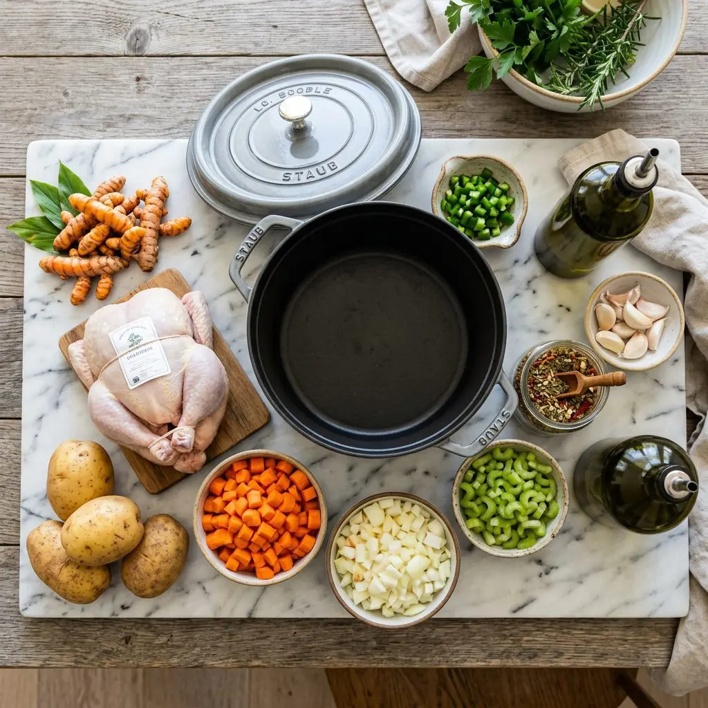 Ingredients arranged: a small whole raw chicken, vibrant fresh turmeric root, diced jalapeños, potatoes, carrots, celery, onions, garlic cloves, olive oil, and a small jar of custom Tuscan spice blend around a heavy soup pot on a marble prep board.