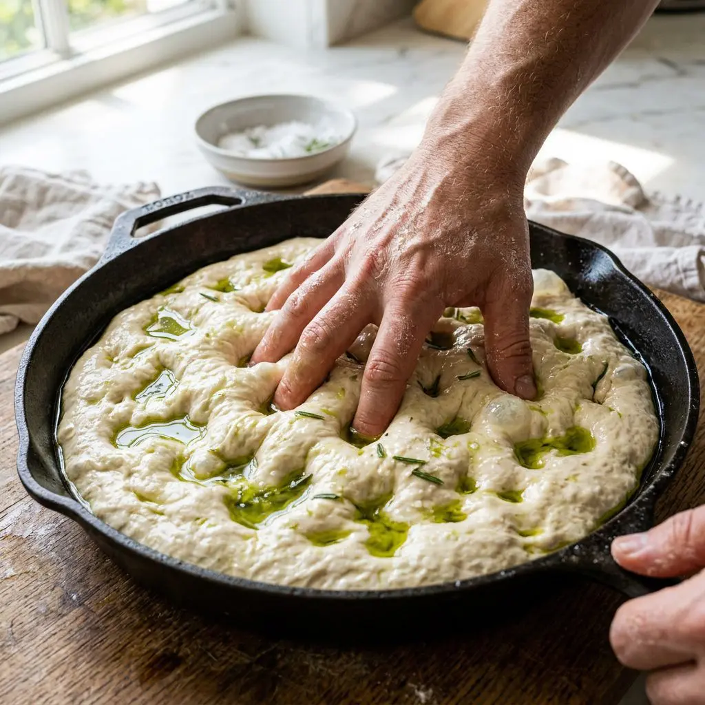 Close-up action shot of a cook's bare hands aggressively pushing their fingers deep into a massive, wildly soft sheet of raw dough resting in a heavy iron pan completely flooded with vivid green olive oil, violently dimpling the surface to create deep, glistening pools.