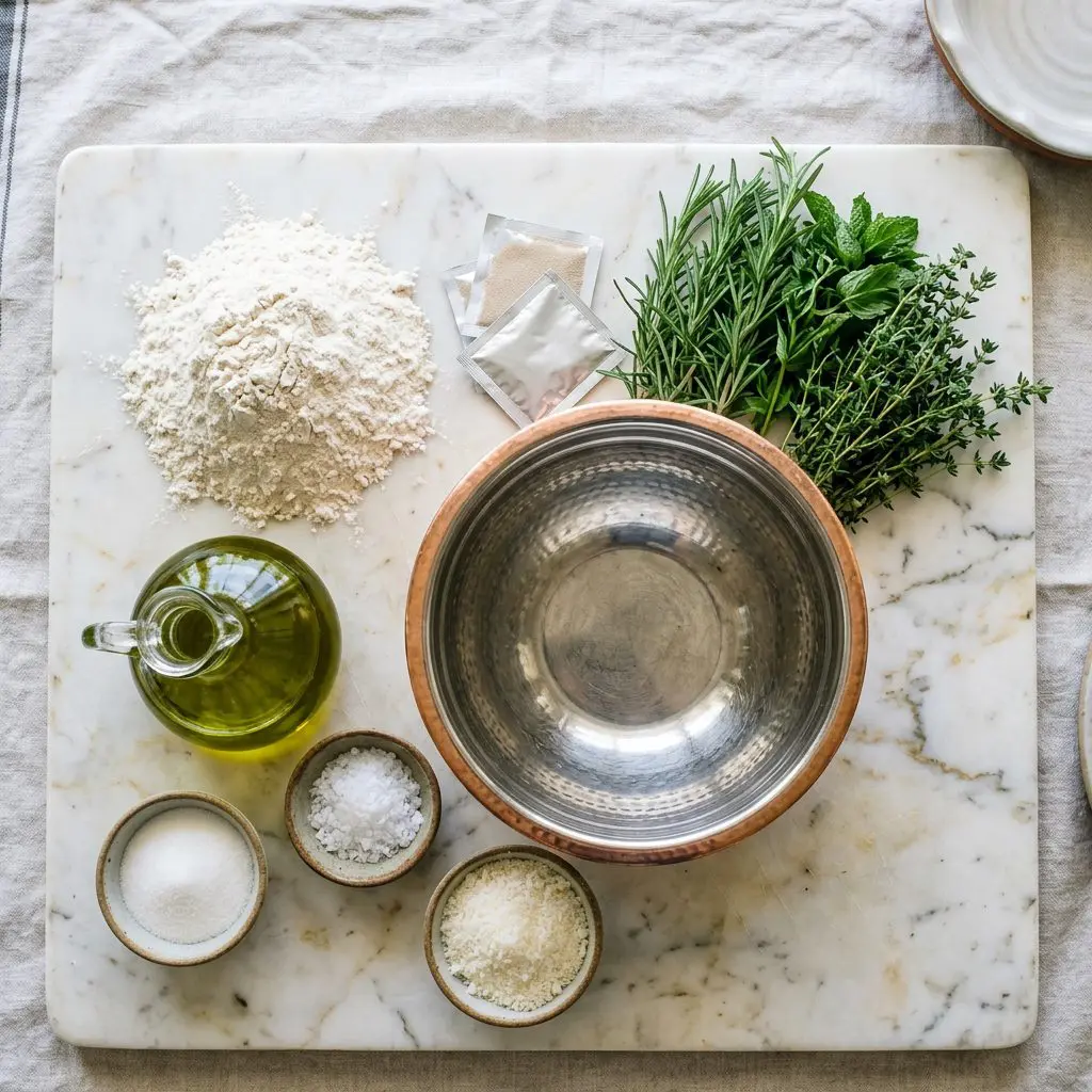 Overhead mise en place shot of ingredients aesthetically arranged: a massive mound of unbleached flour, a heavy glass cruet filled with vivid green olive oil, small bowls of white granulated sugar, flaky sea salt, stark white Parmesan cheese, active dry yeast packets, and heaps of vivid green fresh rosemary and thyme surrounding a heavy metal mixing bowl on a marble prep board.