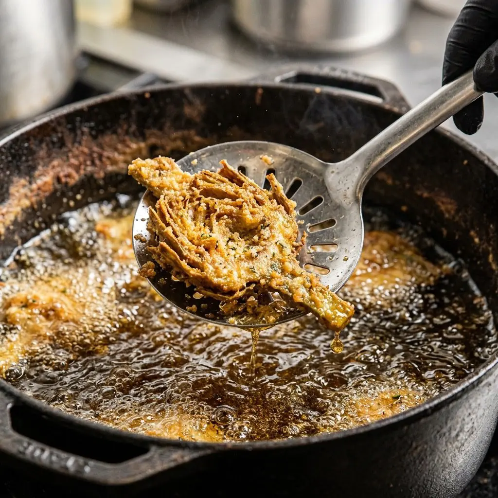 Extreme close-up action shot lifting crispy fried artichoke slices from a pot of bubbling hot olive oil