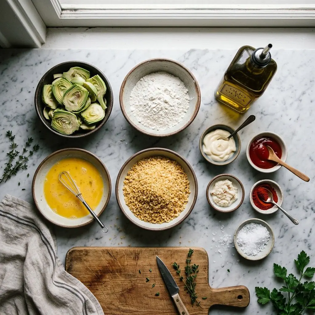 Overhead prep shot of sliced baby artichokes, flour, beaten eggs, panko breadcrumbs, olive oil, mayonnaise, ketchup, horseradish, paprika, and sea salt