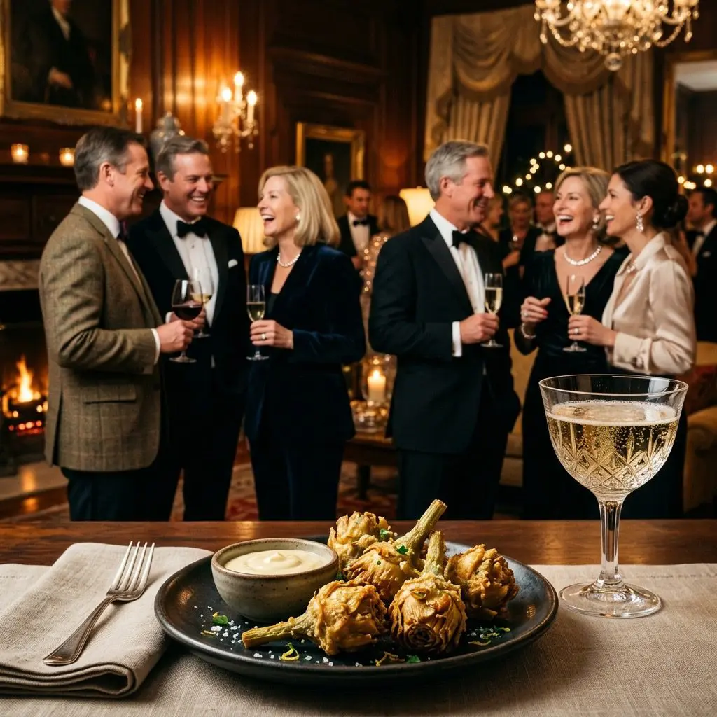 An elegant, formal cocktail party setting featuring crispy Fried Baby Artichokes, with a party in the background