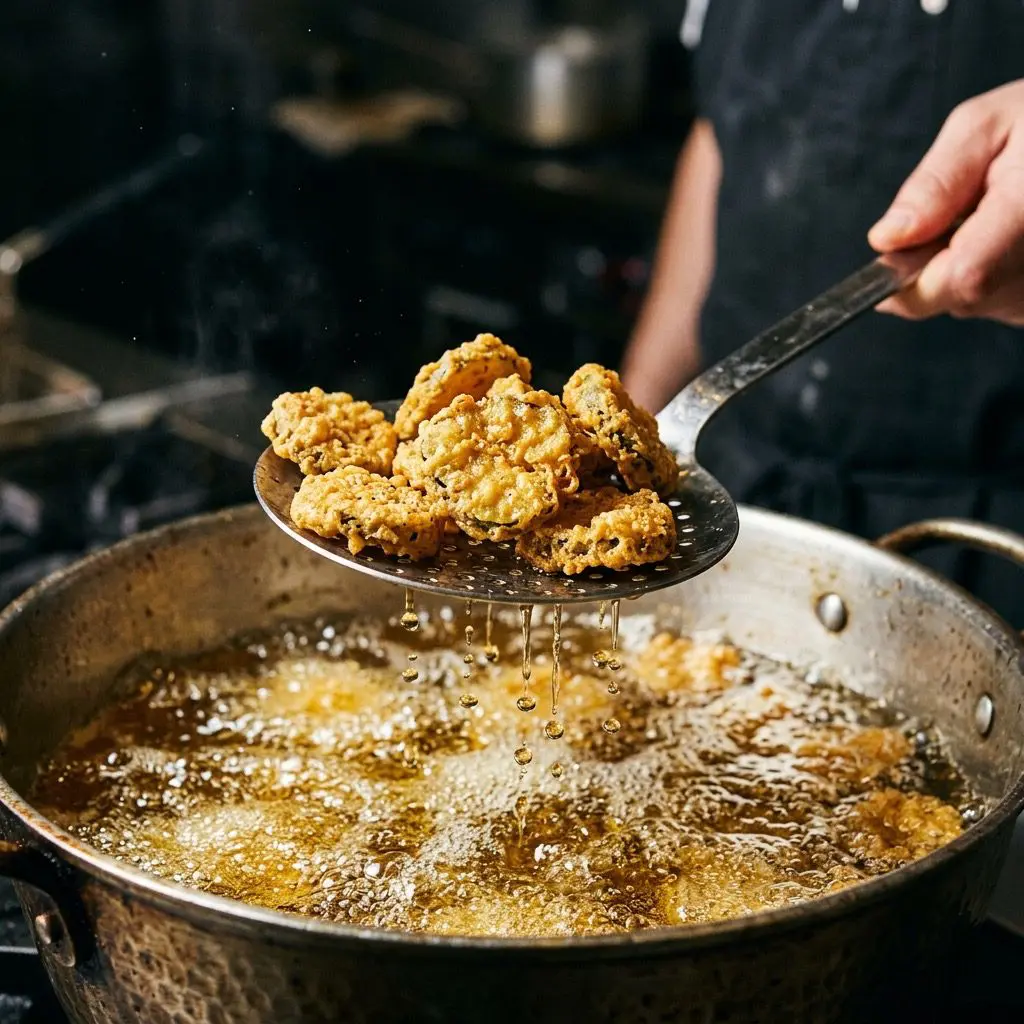 Extreme close-up action shot using a slotted spoon to lift perfectly golden fried pickle slices from hot bubbling oil
