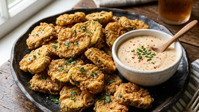 Stunning plated serving of Fried Pickles with Spicy Dipping Sauce, a chef-tested recipe by Chef Jorj Morgan.