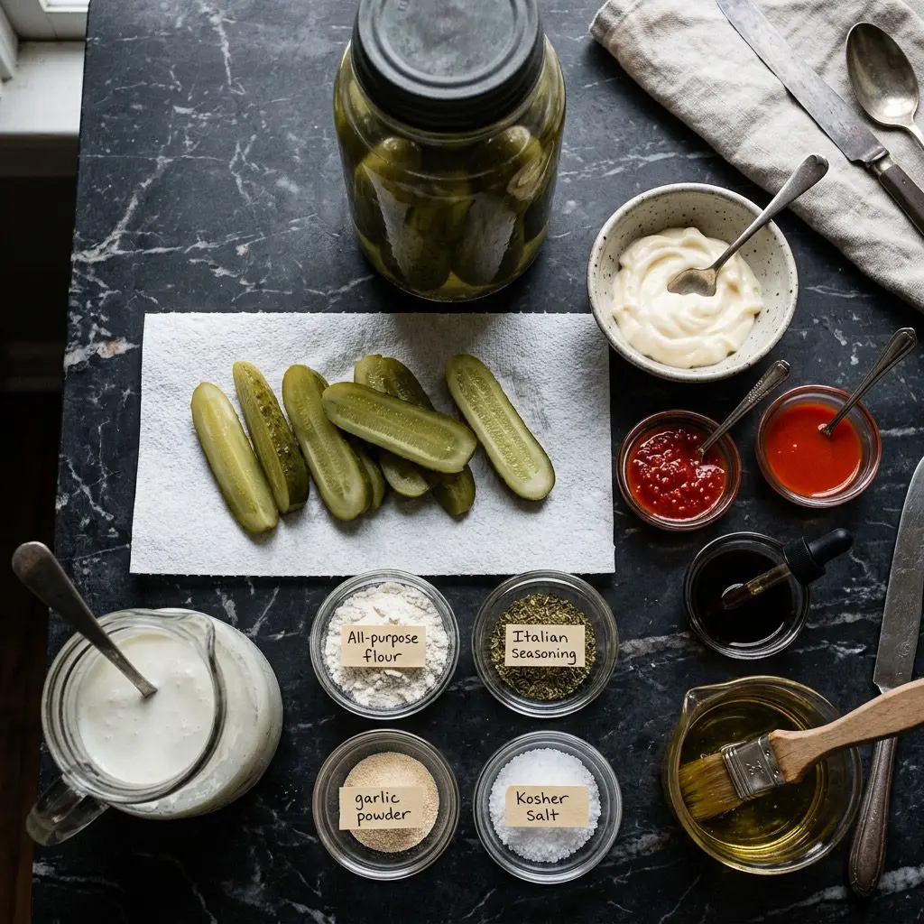 Overhead prep shot of whole dill pickles, sliced pickles, mayonnaise, chili sauce, hot pepper sauce, Worcestershire sauce, flour, Italian seasoning, garlic powder, salt, buttermilk, and frying oil
