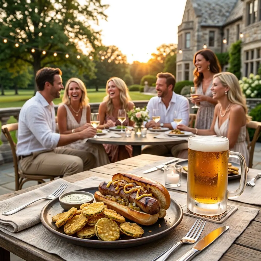 An elegant casual outdoor dining setting featuring Fried Pickles alongside a grilled bratwurst and cold craft beer
