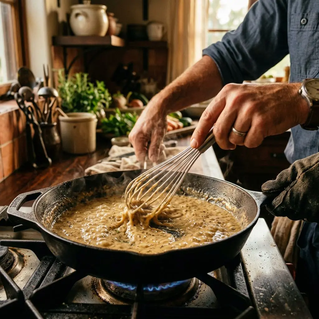 Vigorously whisking a creamy, bubbling Dijon pan gravy in a hot cast-iron skillet.