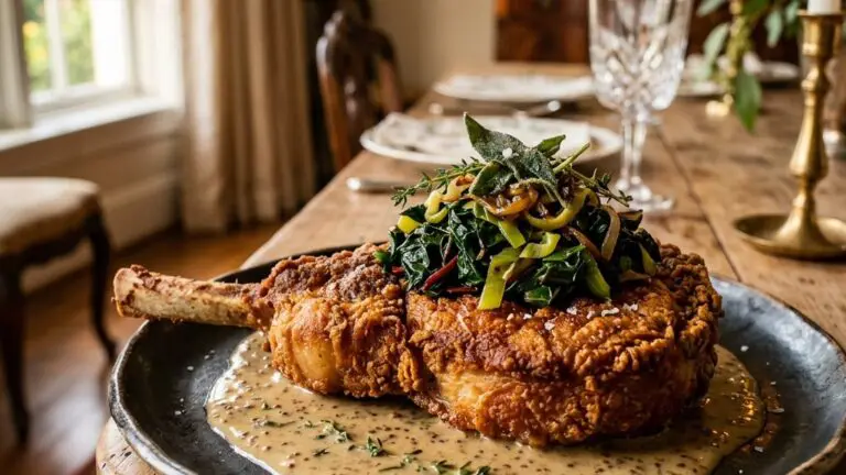 Stunning plated serving of Fried Pork Chops with Sautéed Greens and Dijon Cream Gravy, a chef-tested recipe by Chef Jorj Morgan.