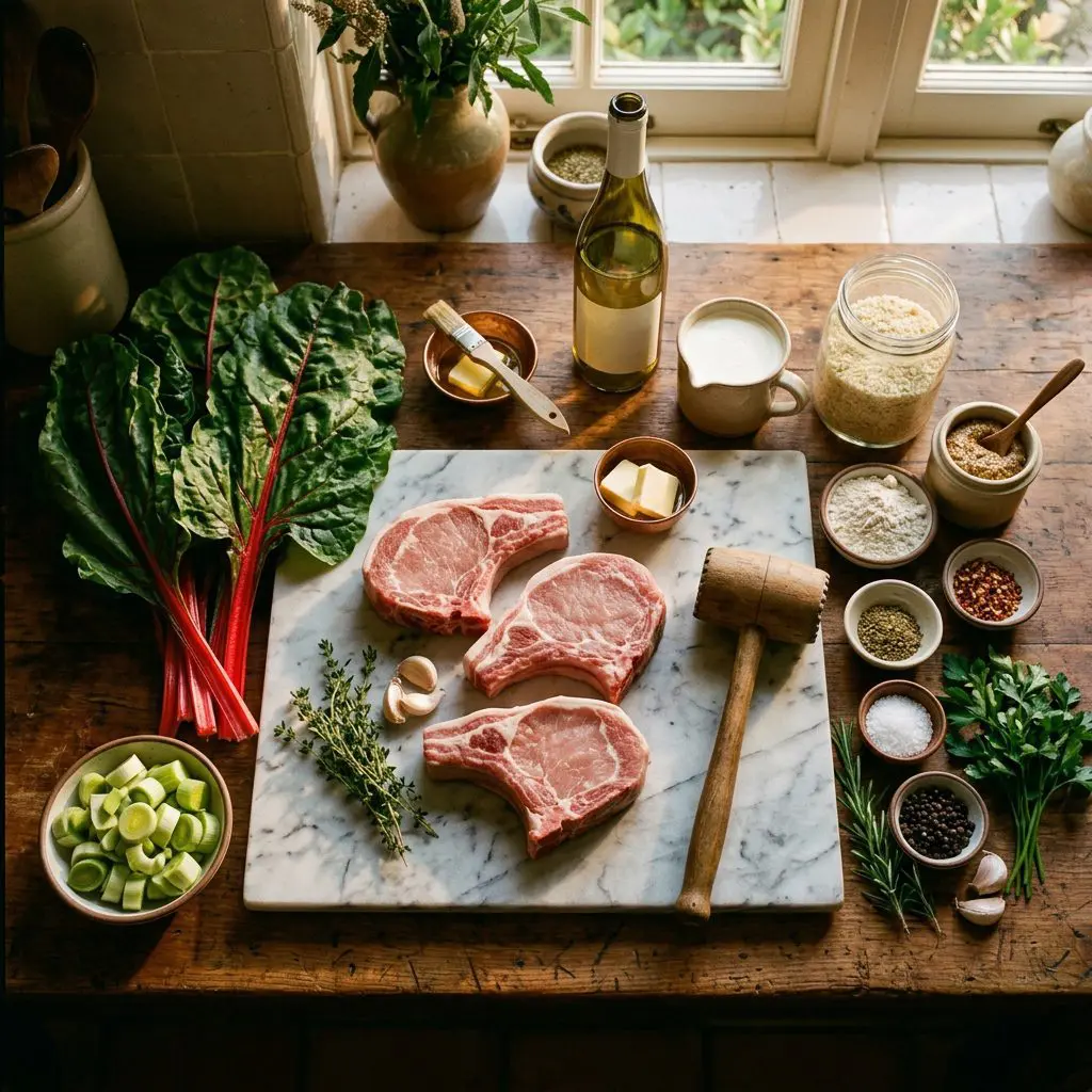 Fresh bone-in pork chops, green Swiss chard, leeks, and ingredients for Dijon pan gravy arranged on a kitchen counter prep board.