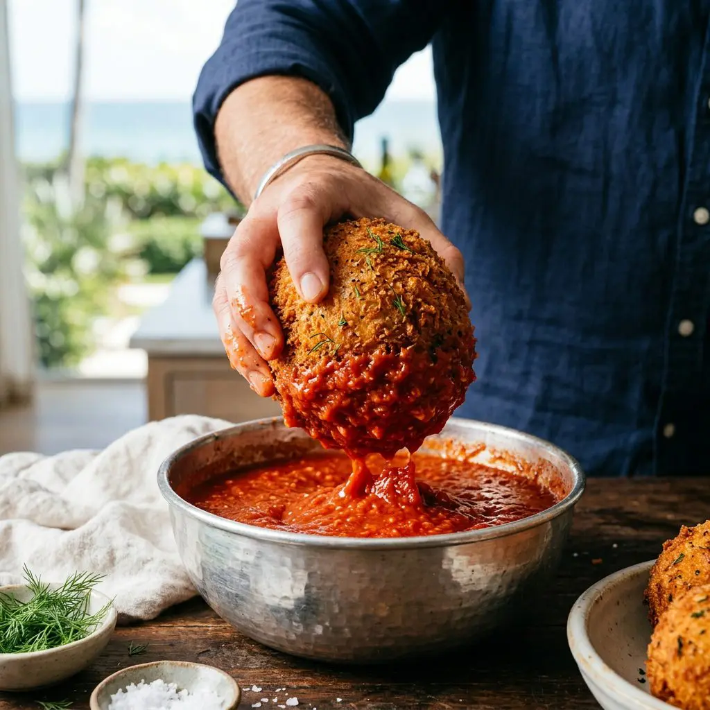 A cook's hand dunking a massive, intensely golden-brown, completely spherical fried salmon and rice ball into a heavy silver bowl filled with bright, fiery red horseradish cocktail sauce, thick sauce clinging to the shattering crispy crust.