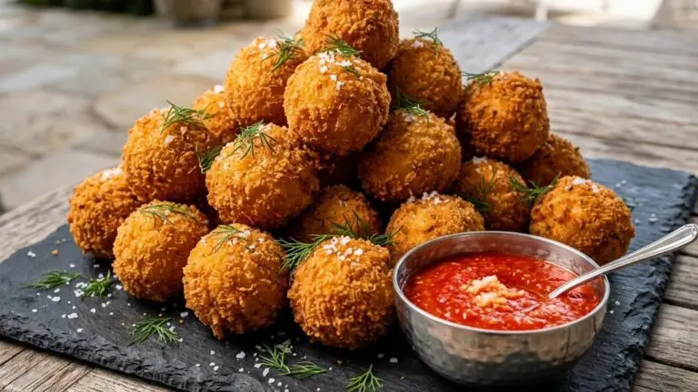 Stunning plated serving of Fried Salmon and Rice Balls with Cocktail Sauce, a chef-tested recipe by Chef Jorj Morgan.