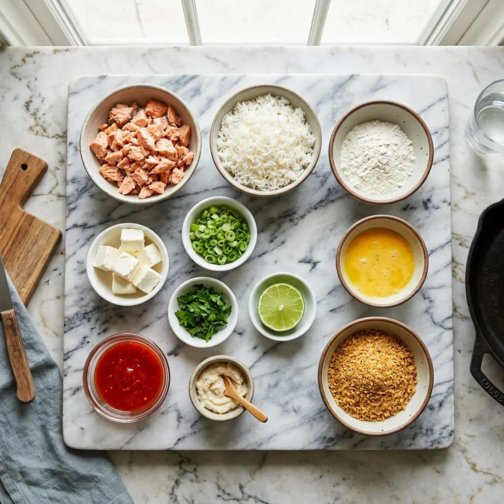 Ingredients arranged: a bowl of crumbled pink cooked salmon, fluffy white rice, blocks of rich cream cheese, bright green sliced scallions, vibrant green limes, fresh parsley, bowls of flour, beaten eggs, and seasoned breadcrumbs, alongside bright red chili sauce and prepared horseradish on a heavy marble prep board.