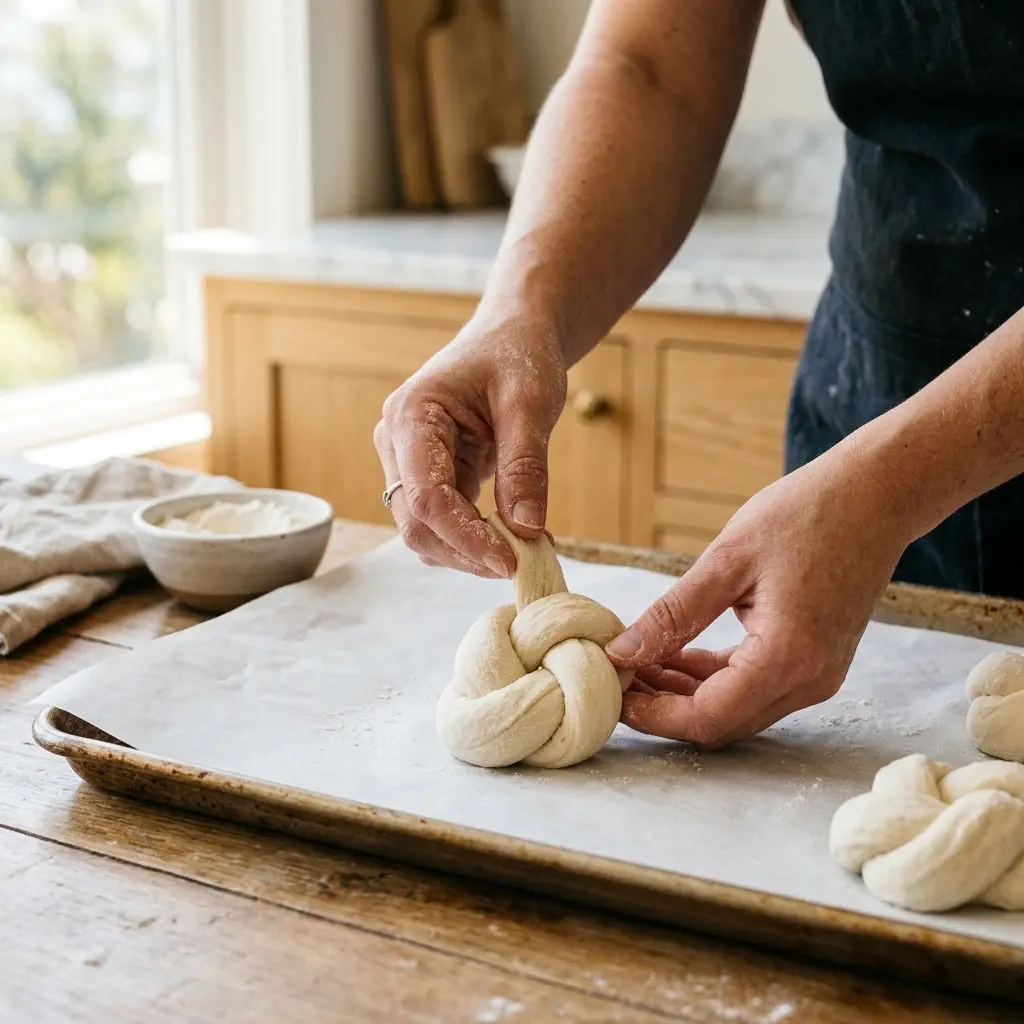 Action shot of a cook's bare hands dynamically stretching and tying portioned raw dough strips into neat, pillowy knots on a flour-dusted surface in a luxury estate kitchen.