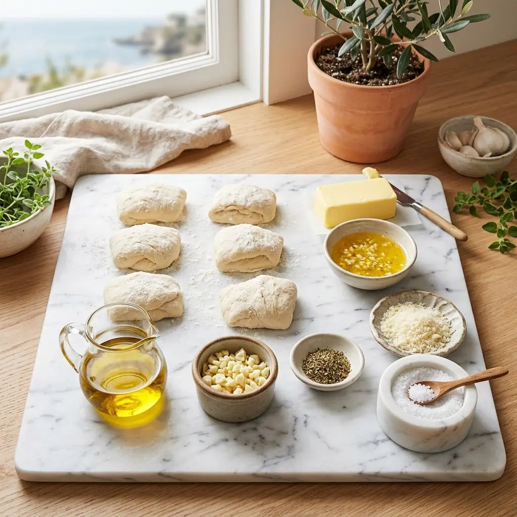 Overhead raw ingredients arrangement on a white marble board: divided portions of fresh raw pizza dough, a block of rich yellow butter next to sticks, golden olive oil in a clear glass pitcher, minced garlic cloves in a small stoneware ramekin, dried oregano flakes in a tiny bowl, flaky white sea salt in a marble salt cellar, and a dish of grated Parmesan cheese. Set in a bright, sun-drenched coastal kitchen with food styling.