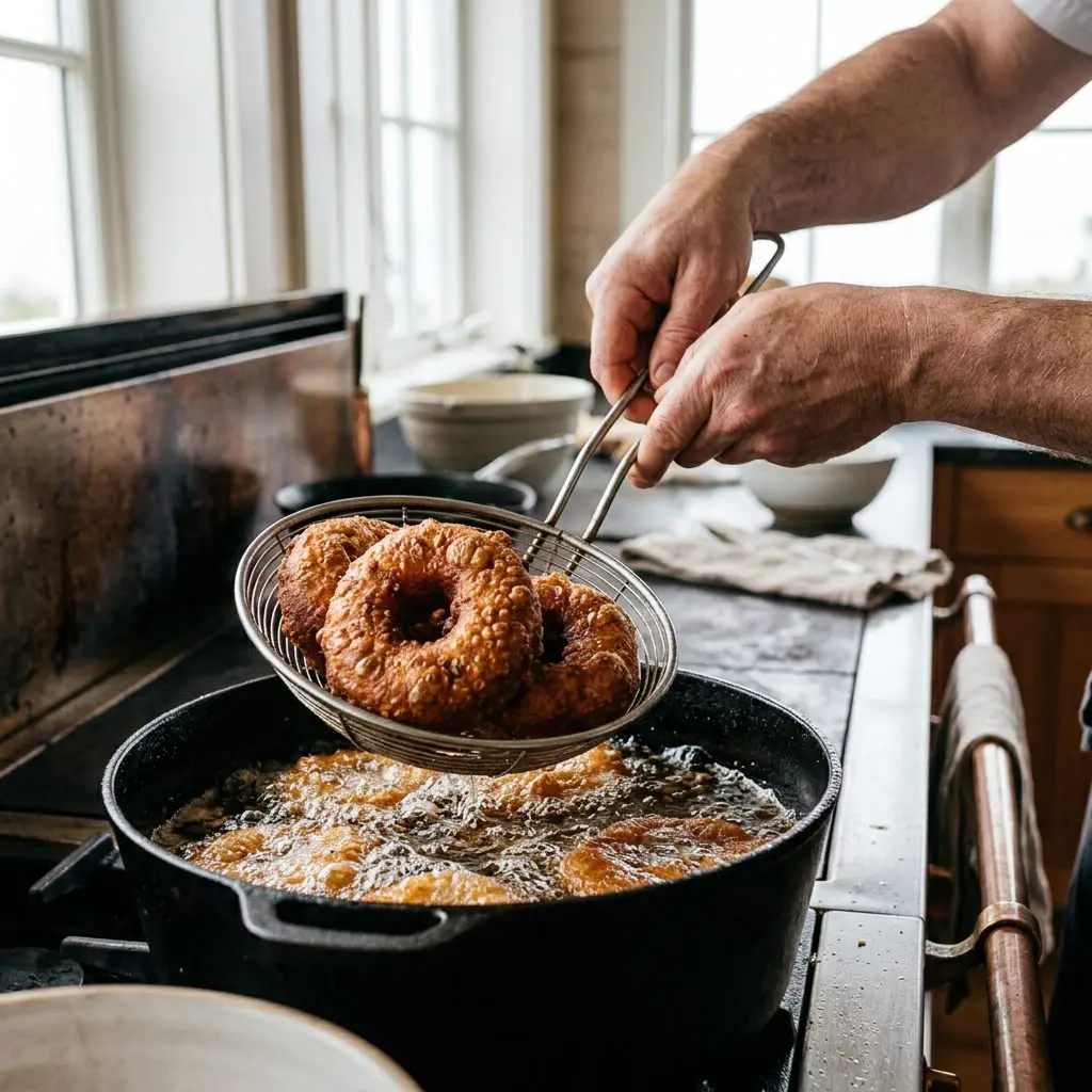 A cook's bare hands using a heavy metal spider strainer to violently lift massive, screaming-hot, golden-brown donuts directly out of a bubbling, dark iron Dutch oven filled with rolling, fiercely hot frying oil. The intensely crisp, golden fried dough is violently glistening with hot oil.