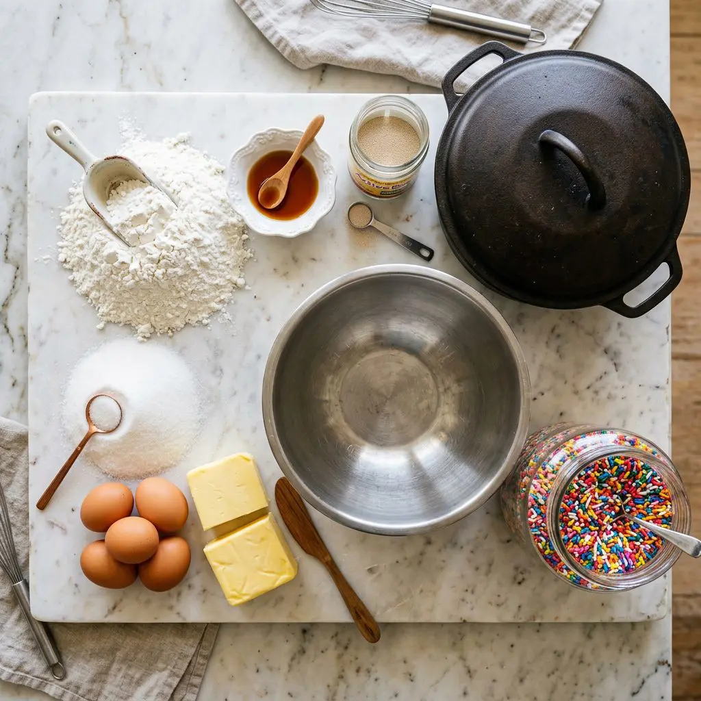 Ingredients arranged: massive mounds of stark white cake flour, small bowls of rich maple extract, white granulated sugar, raw eggs, vibrant yellow butter blocks, active dry yeast, and heavy jars of intensely colorful rainbow sprinkles surrounding a heavy metal mixing bowl and a dark iron Dutch oven on a marble prep board.