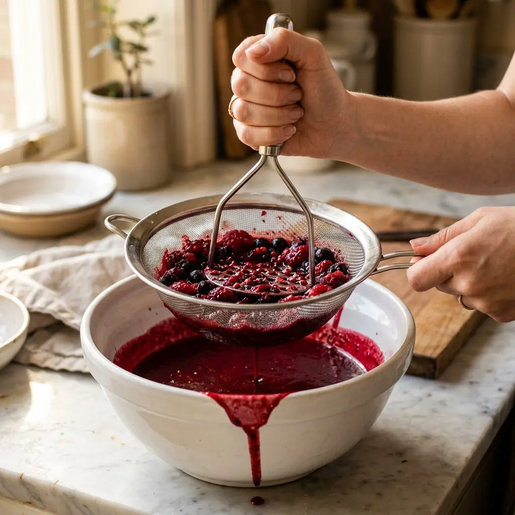 Clean hands gently using a metal potato masher to press soft, simmered mixed berries (raspberries and blueberries) through a fine metal colander or strainer. The strainer is placed over a large white ceramic mixing bowl, showing a thick, glossy, seedless crimson berry sauce dripping and collecting in the bowl below.