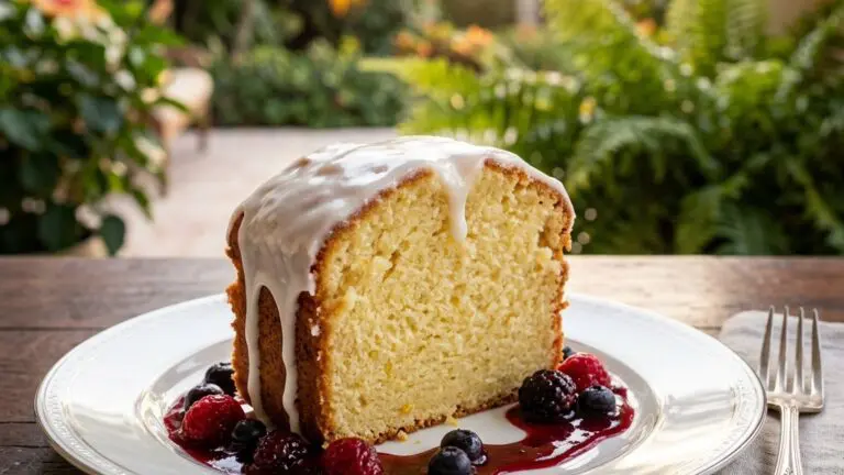Stunning plated serving of Glazed Lemon Pound Cake with Very Berry Sauce, a chef-tested recipe by Chef Jorj Morgan.