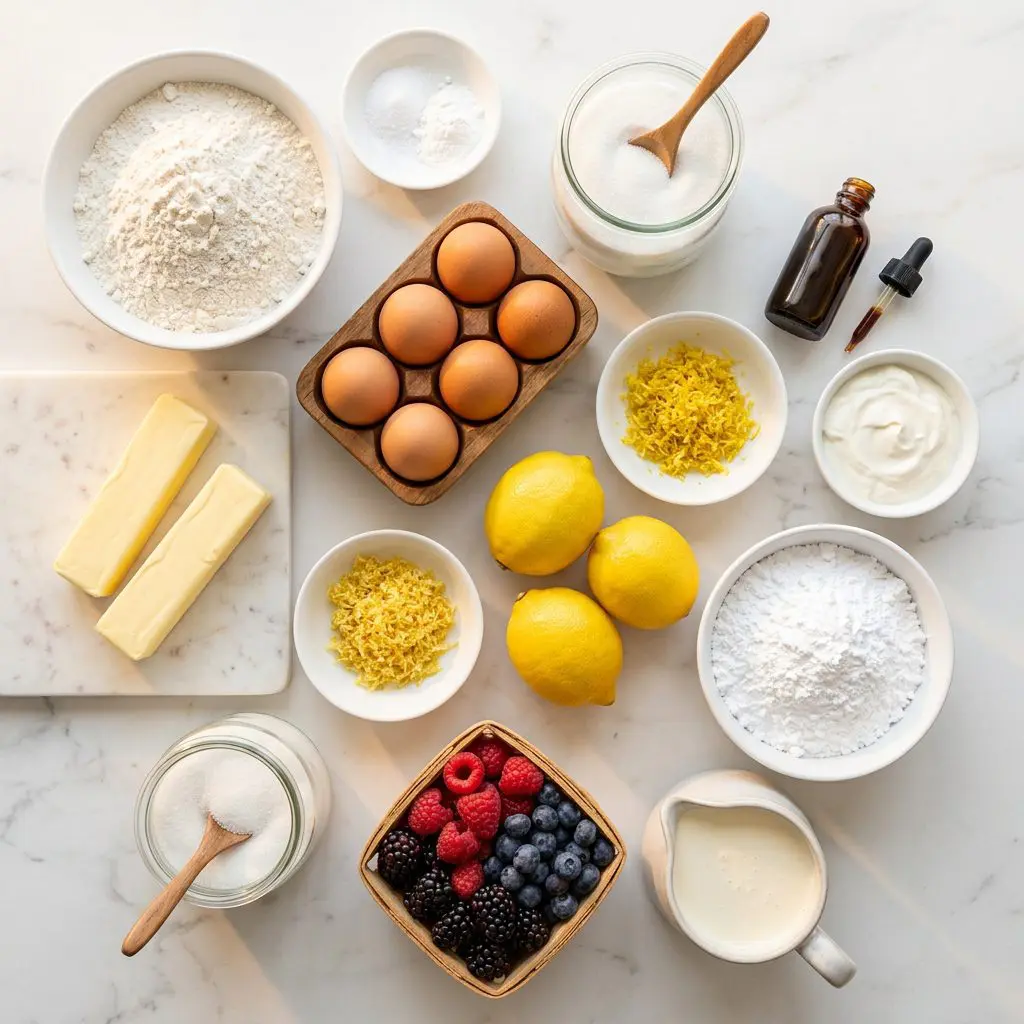 The raw ingredients (mise en place) for a glazed lemon pound cake and berry sauce, styled on a white marble countertop. Organized in small white porcelain bowls are: unbleached all-purpose flour, baking powder, kosher salt, golden room-temperature butter sticks, granulated sugar, fresh brown eggs, rich white sour cream, whole lemons, vibrant yellow lemon zest, vanilla extract, confectioners' sugar, double cream, and a colorful assortment of fresh berries (raspberries, blackberries, blueberries) overflowing from a small wicker basket.