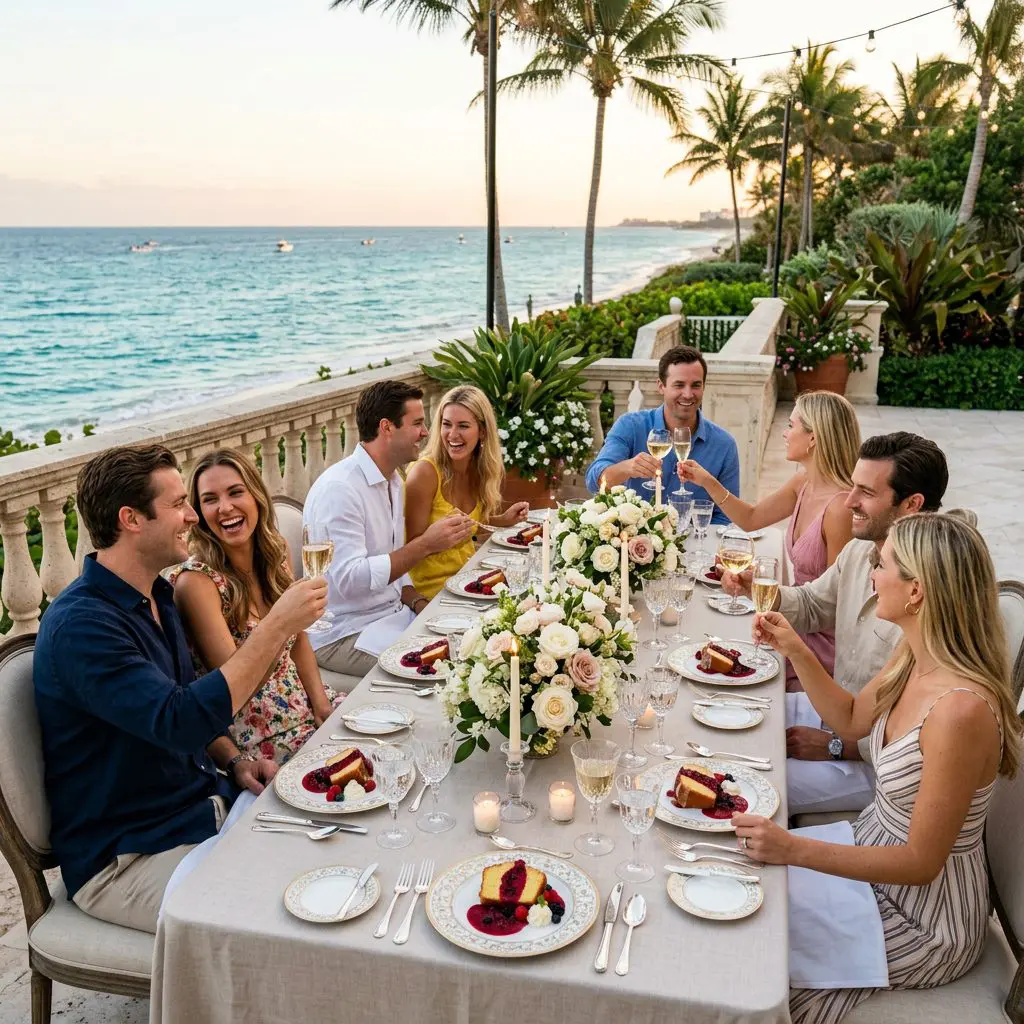 Exactly eight young adult guests enjoying dessert, laughing, and sharing slices of Glazed Lemon Pound Cake with Very Berry Sauce on a Palm Beach Estate veranda overlooking a sun-drenched coastline view at golden hour.