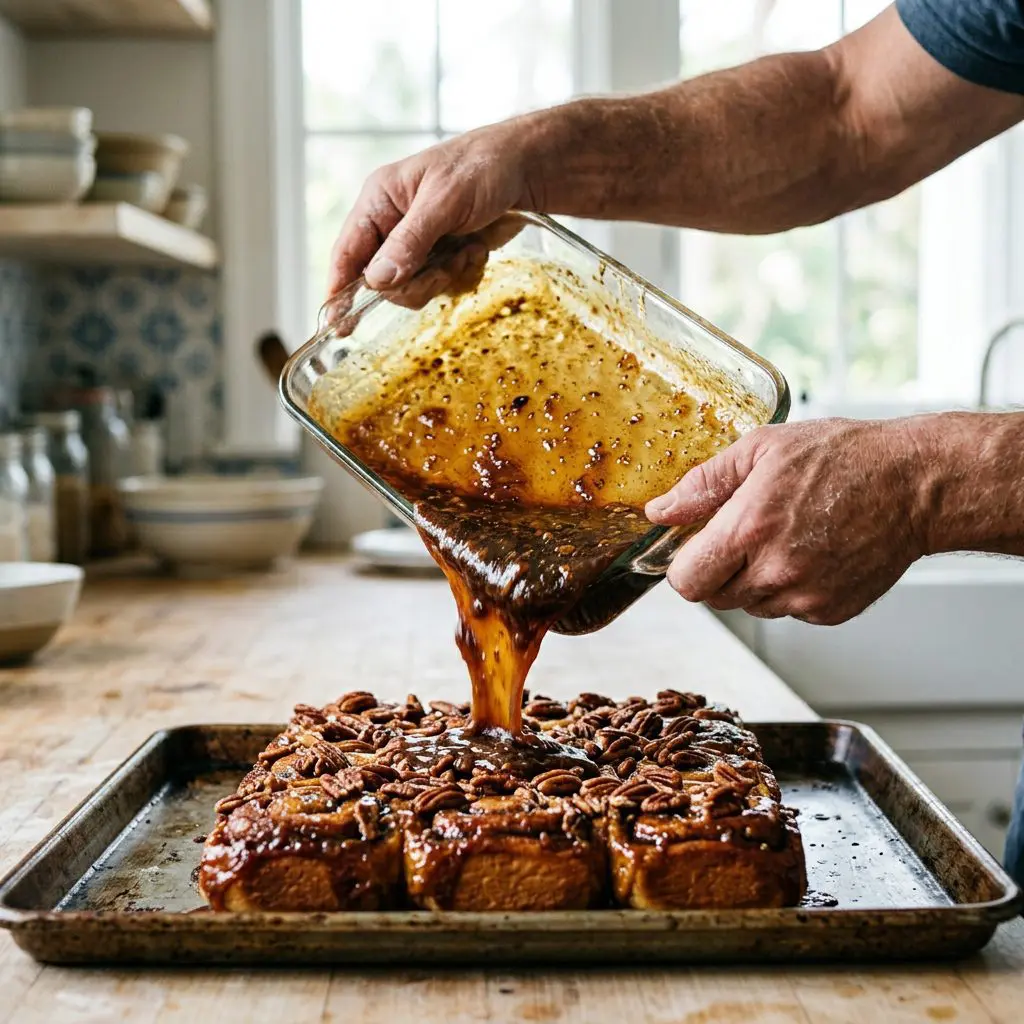 A cook's bare hands violently inverting a screaming-hot, heavy glass baking dish over a rustic metal tray. The intensely dark, staggeringly thick maple caramel is cascading out of the dish, completely flooding the golden-brown rolls with bubbling, sticky pecan glaze.