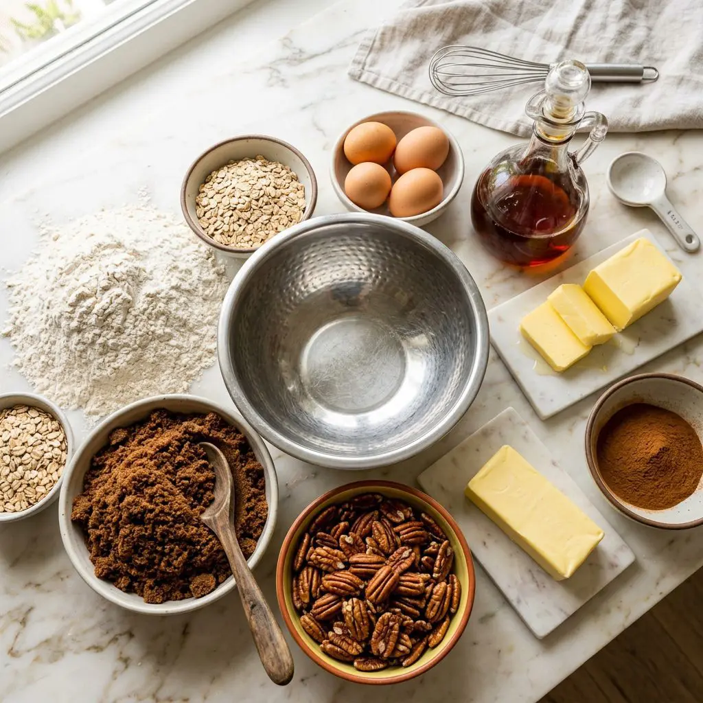 Ingredients arranged: massive mounds of unbleached flour, small bowls of rustic rolled oats, huge bowls of intensely dark brown sugar and vibrant toasted pecans, sharp ground cinnamon, raw eggs, vibrant yellow butter blocks, and a large glass cruet of deep amber pure maple syrup surrounding a heavy metal mixing bowl on a marble prep board.