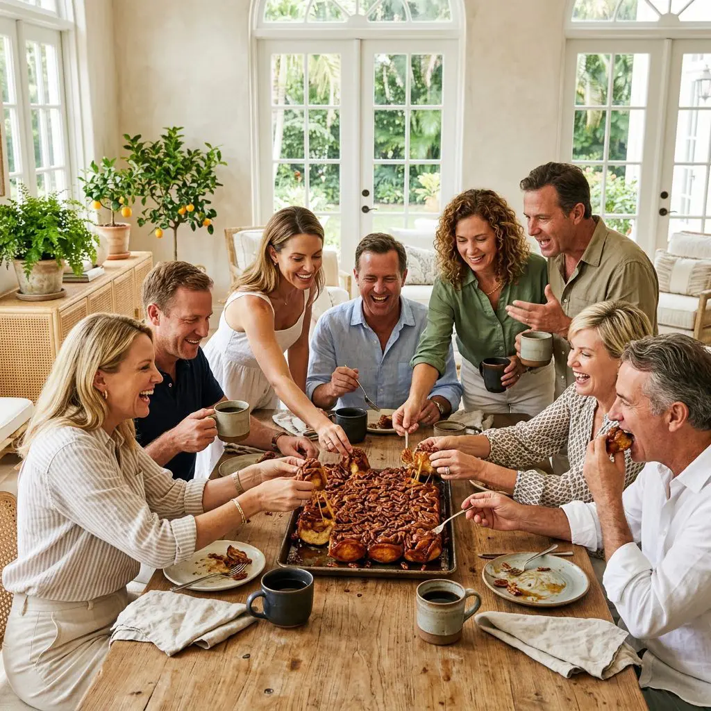 8 guests gathered tightly around a laden, sun-drenched rustic dining table, laughing loudly, pulling apart massive, sticky, caramelized maple pecan rolls directly off a heavy metal tray, while drinking steaming dark coffee from large mugs in a Palm Beach Estate. A massive tray of decadent sticky rolls anchors the lively coastal brunch party.