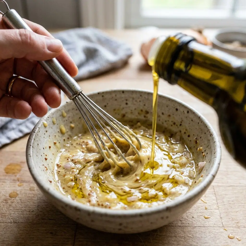 Extreme close-up action shot using a small whisk to slowly emulsify olive oil into a Dijon and white balsamic mixture