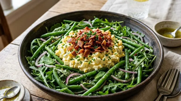 Stunning plated serving of Chilled Green Bean and Arugula Salad with Mustard Shallot Vinaigrette and Chopped Egg, a chef-tested recipe by Chef Jorj Morgan.