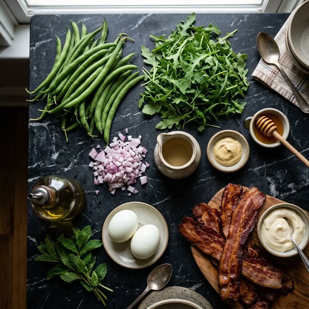 Overhead prep shot of green beans, arugula, shallots, white balsamic vinegar, Dijon mustard, honey, olive oil, mint, hard-boiled eggs, mayonnaise, and bacon