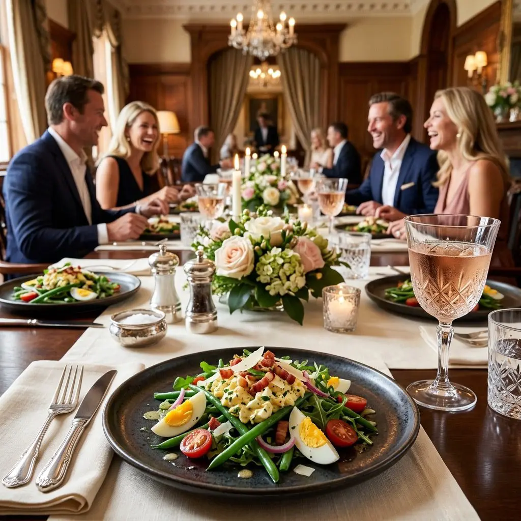An elegant, formal lunch table setting featuring Green Bean and Arugula Salad, with a luncheon in the background