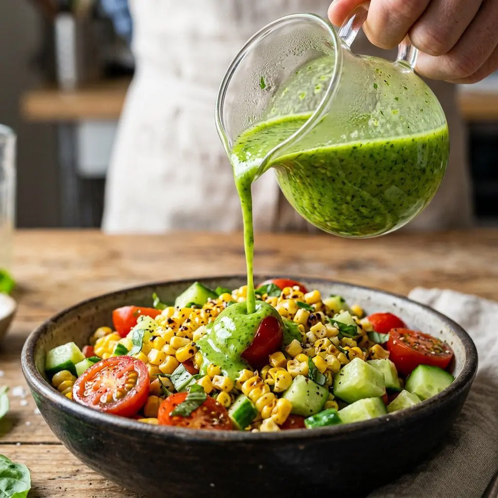 Extreme close-up action shot drizzling bright green Lemon-Basil Vinaigrette over charred corn, tomatoes, and cucumbers