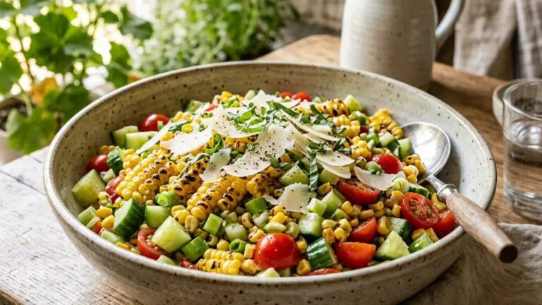 Stunning plated serving of Grilled Corn Salad With Lemon-Basil Vinaigrette, a chef-tested recipe by Chef Jorj Morgan.
