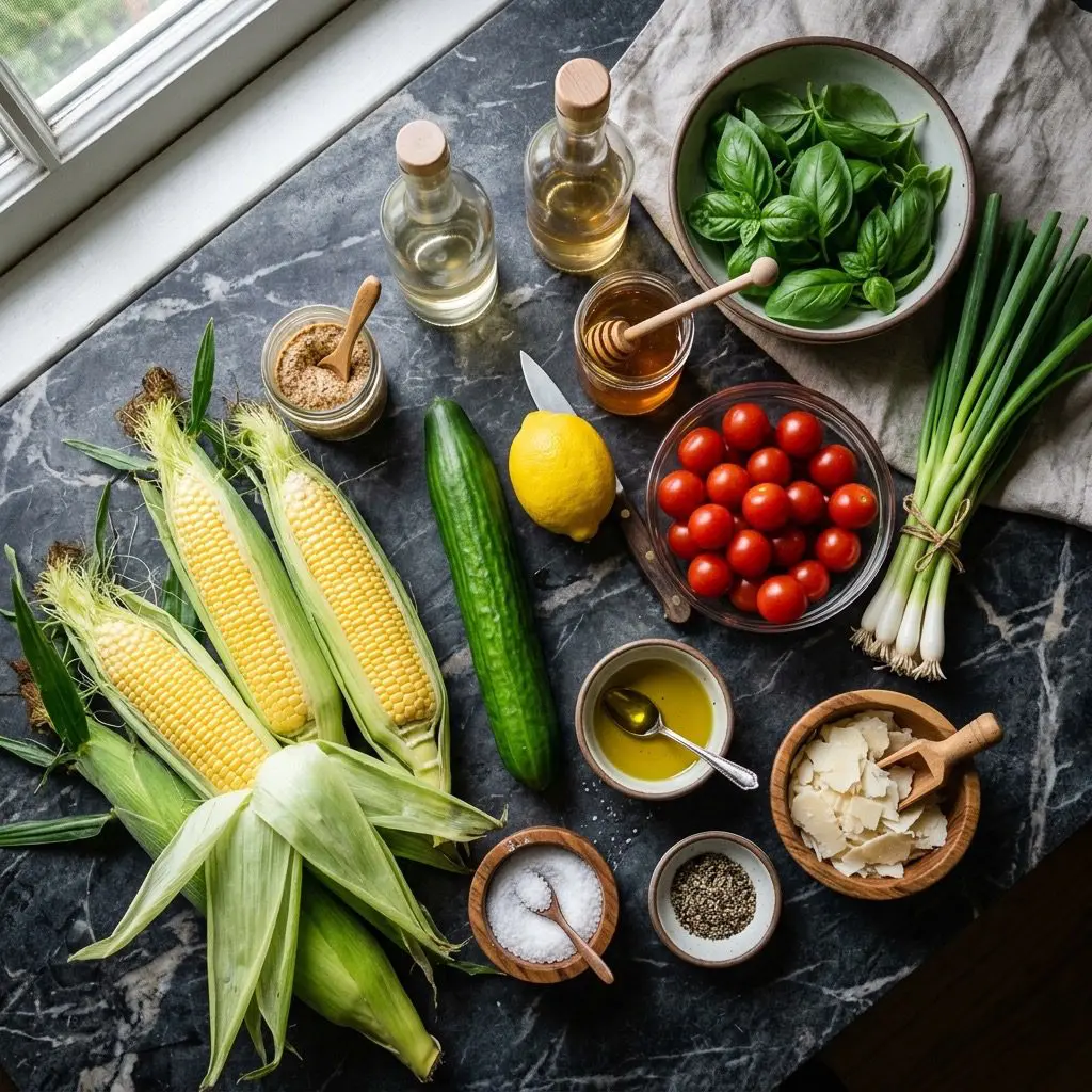Overhead prep shot of raw corn, English cucumber, green onions, cherry tomatoes, basil, mustard, lemon, white balsamic vinegar, honey, olive oil, kosher salt, black pepper, and shaved Parmesan