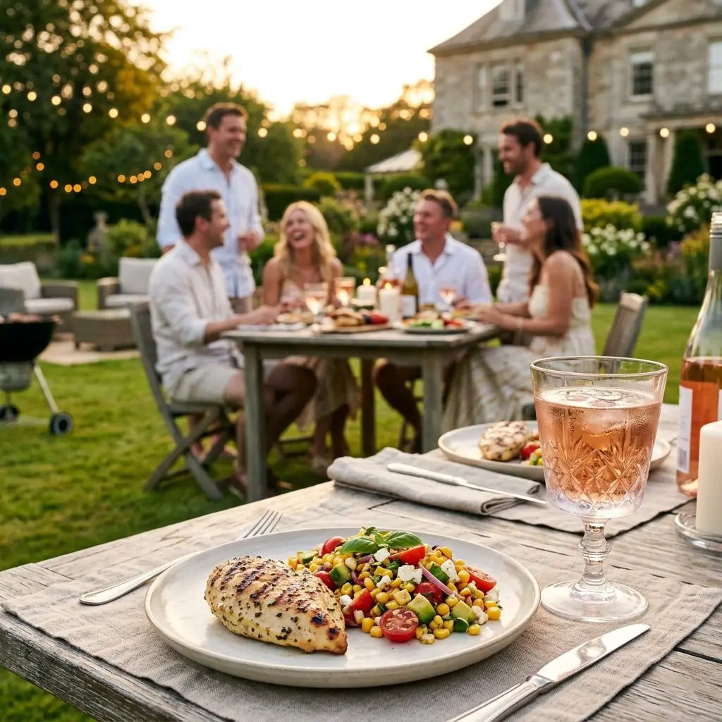 An elegant casual outdoor summer dining setting featuring Grilled Corn Salad alongside a perfectly grilled chicken breast