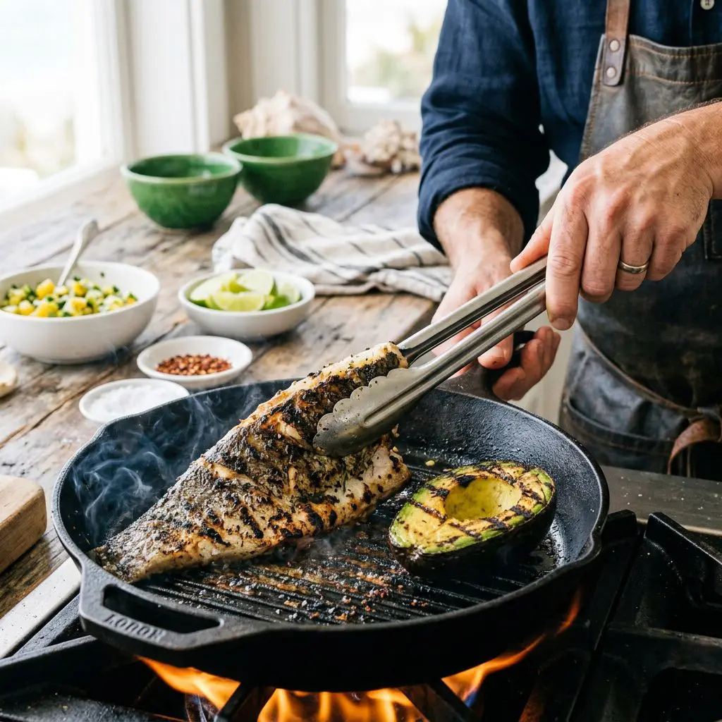 A cook's hand using metal tongs to flip a massive, charred half of an avocado and a marked sea bass fillet sizzling on the roaring hot grates of a cast-iron grill pan.
