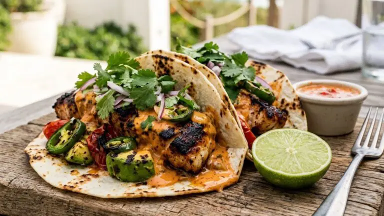 Stunning plated serving of Grilled Fish Tacos, a chef-tested recipe by Chef Jorj Morgan.